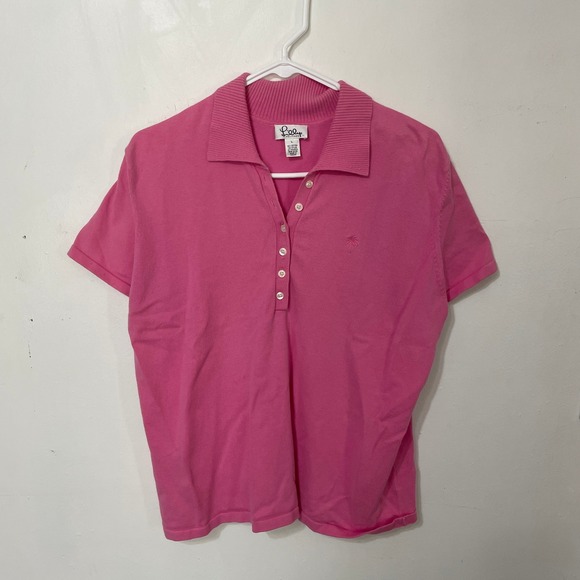 Lilly Pulitzer Tops - Lilly Pulitzer Pink Short Sleeve Polo Sweater Knit‎ Palm Tree Logo Large